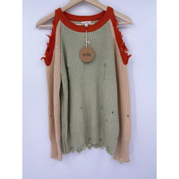 BIBI Distressed Cold Shoulder Knit Color Block Sweater Olive Small NEW - Picture 2 of 6